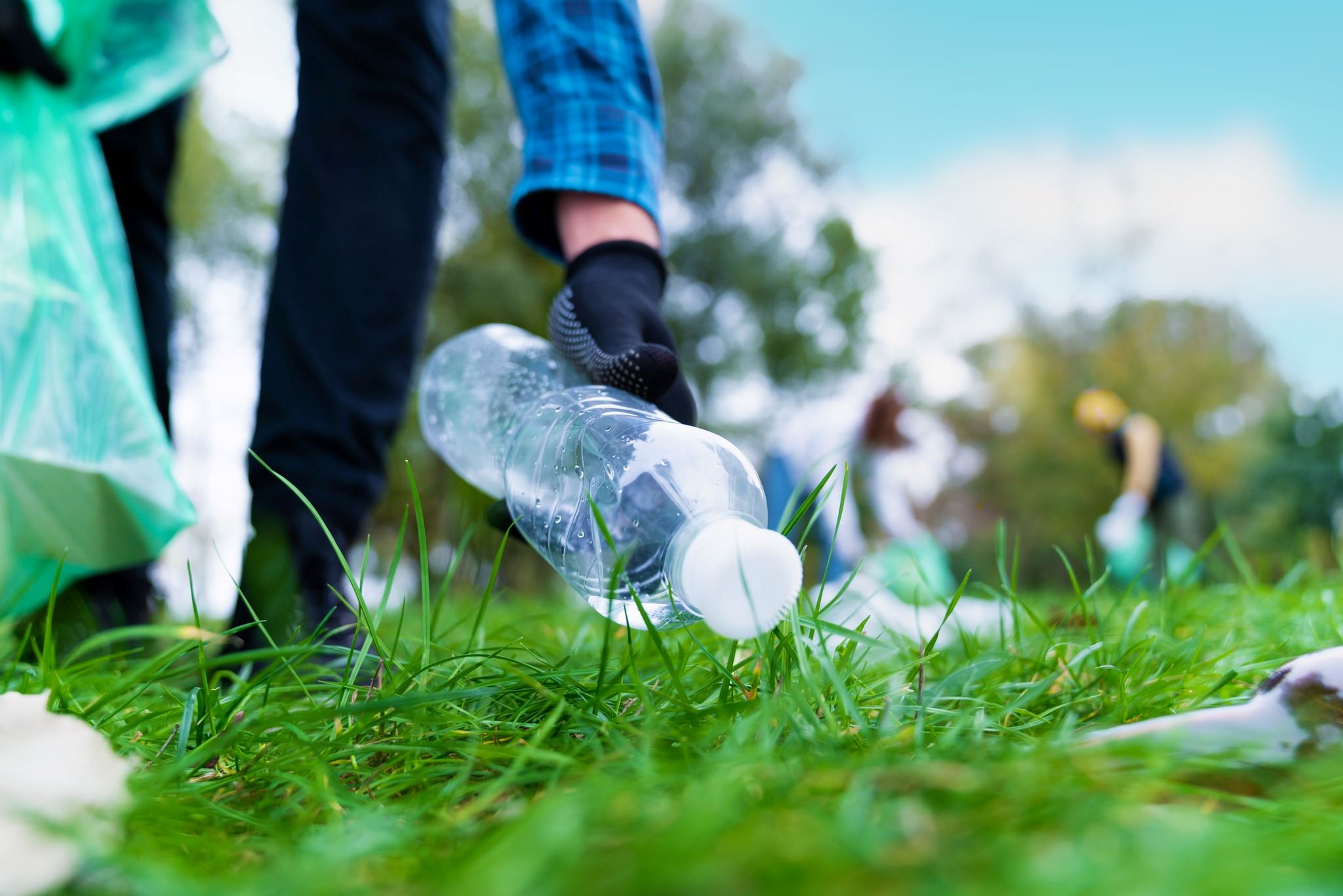 Person picking up trash in a park