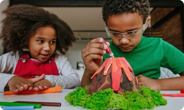 Children Making DIY Volcano Model from Kids Play Clay