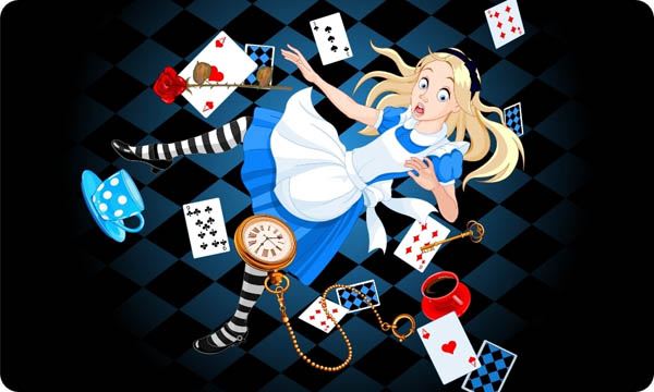 Alice falling into a hole with playing cards, tea cups, and clocks