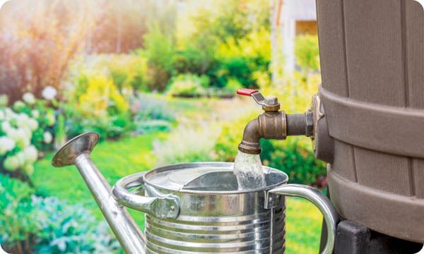 Filling Watering Can with Water from Rain Barrel Water Conservation Gardening and Rainwater Collecti